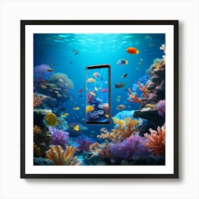 Smartphone Transitioning Into Diverse Marine Fauna Colorful Coral Reef Backdrop Subtle Gradients F Art Print