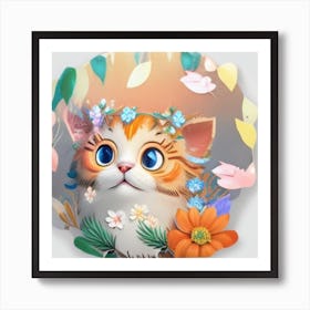 Cat With Flowers Art Print