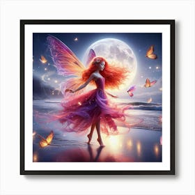 Red Hair Fairy With Butterflies Art Print