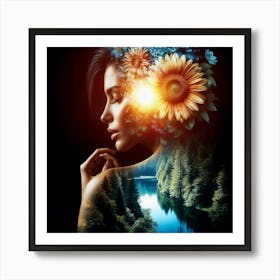 Double Exposure Dreamscape Woman With Sunflowers and Forest River Art Print