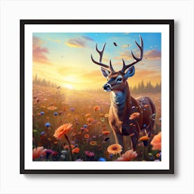 Deer In A Field Of Flowers Art Print