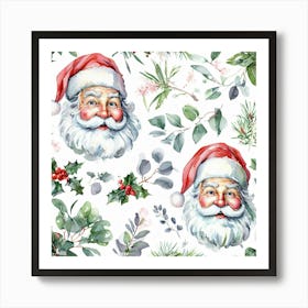 Festive Watercolor Pattern With Santa And Lush Greenery Art Print