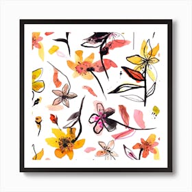 Ink Flowers Yellow Square Art Print