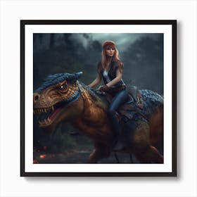 Jurassic Girl Riding Dinosaur Art Print