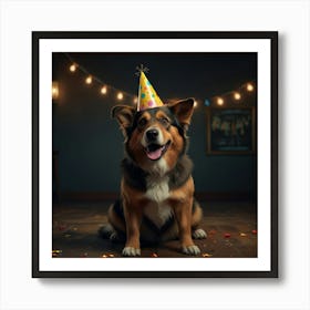 Photo Of Ultra Realistic Dog With Party Hats, Dramatic Light, Cinematic Lighting Art Print