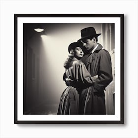 Rendezvous 1/4   (art noir detective Maltese falcon sleuth private dick eye pi trench coat couple romance secret desire 1950s 1940s 1930s 1920s movie black and white Casablanca)     Art Print