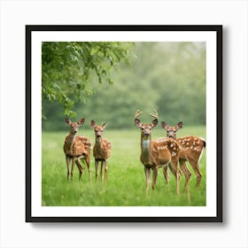 Fawns In A Field.A picture of a group of deer in the green grass Art Print