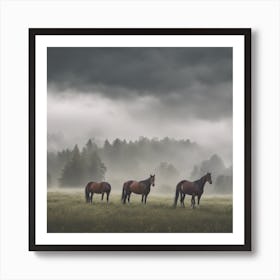 Horses In A Foggy Field Art Print