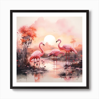 Flamingos At Sunset Art Print by Bella Luna - Fy