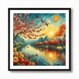 Cherry Blossoms By The River Art Print