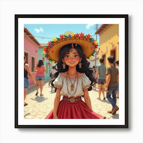 Spanish Girl In A Vibrant Festival, Watercolor With Colorful Elements 1 Art Print