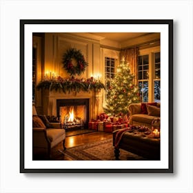 A Cozy Winter Evening By A Roaring Fireplace An Ornately Decorated Christmas Tree Situated In The C Art Print