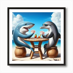 Shark And Dolphin Playing Cards On The Beach Art Print