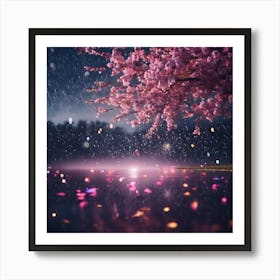 Pink Cherry Blossoms in Midnight Rain Art Print