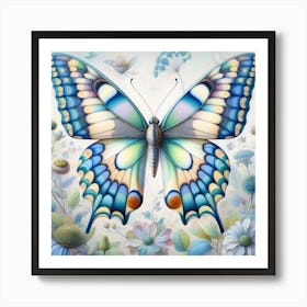 Pastel Coloured Butterfly over Flowers Art Print