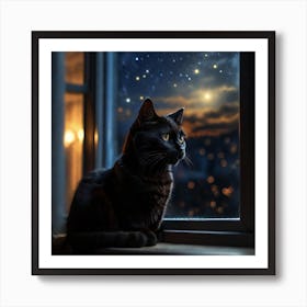 Cat Looking Out The Window At Night Art Print