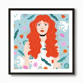 Red Haired Girl With Flowers Art Print