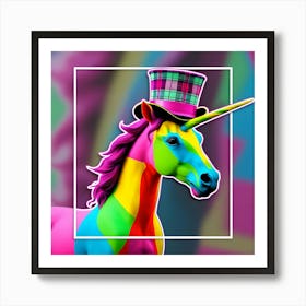 A Neon Unicorn With A Plaid Top Hat, Inspired By The Pop Art Style Of Roy Lichtenstein, In A Neon Rainbow Color Scheme, With The Unicorn In Sharp Focus And The Background Blurred, Framed With A Minimalist Outline 2 Art Print