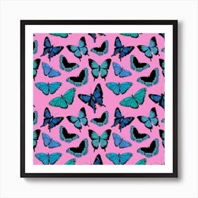 Blue Butterflies On Pink Art Print