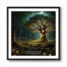 A Night Scene In A Lush, Magical Forest Clearing Illuminated By Glowing Fireflies Art Print