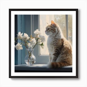 Cat and Flowers Art Print