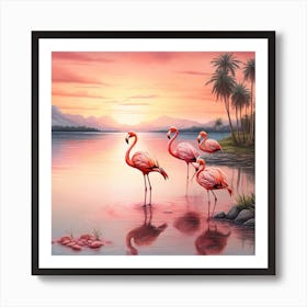 Flamingos At Sunset Art Print