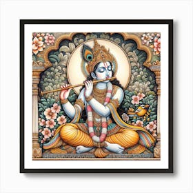 Lord Krishna Playing Flute Madhubani Art Painting Indian Traditional Style Art Print