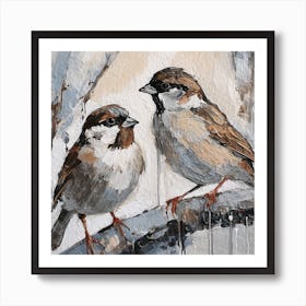 Firefly A Modern Illustration Of 2 Beautiful Sparrows Together In Neutral Colors Of Taupe, Gray, Tan (50) Art Print