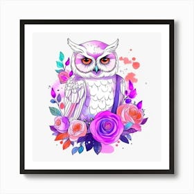 Owl With Roses Art Print