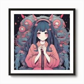 Anime Girl with Monster Art Print