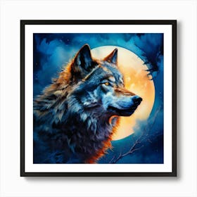 Watercolor Full Moon Warewolf Howling Studio Photography Complex Details High Detail Art Print