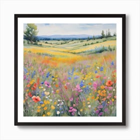 Multicolored Wildflowers Watercolor Field Drawing Summer 0 Art Print