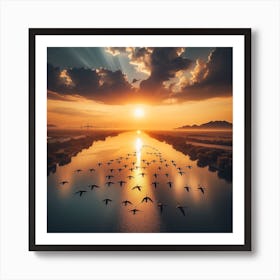 Flock Of Geese Flying Over The River Art Print