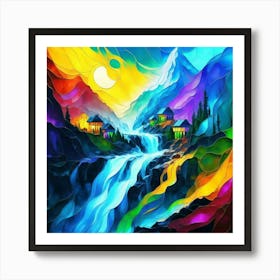 Abstract art stained glass art of a mountain village in watercolor 3 Art Print