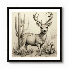 Deer In Cactus Art Print