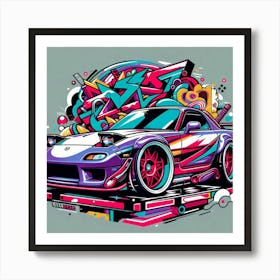 Purple Mazda Rx7 Vehicle Colorful Comic Graffiti Style Art Print