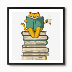 Reading Cat Funny Book & Tea Lover Gift Art Print