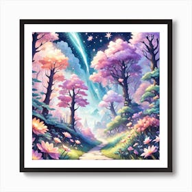 A Fantasy Forest With Twinkling Stars In Pastel Tone Square Composition 373 Art Print