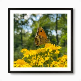 Spring - Summer, Orange Butterfly On Yellow Flowers in Forest. Art Print
