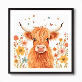 Floral Baby Highland Cow Nursery Illustration (2) Art Print
