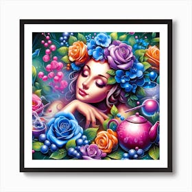 Girl With Flowers And Teapot Art Print