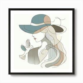 Woman With Hat And Pigeon - Creative Pastell Color Drawing Poster