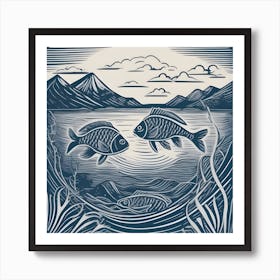 Two Fish In The Water Linocut Art Print
