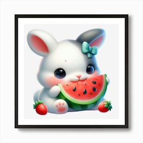 Cute Bunny Eating Watermelon Art Print