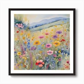 Multicolored Wildflowers Watercolor Field Drawing Summer 1 Art Print