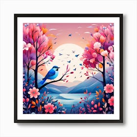 Birds In The Garden, A Bright Toned Design With Flowers And Leaves Trees And Birds A Beautiful And Simple Picture Art Print