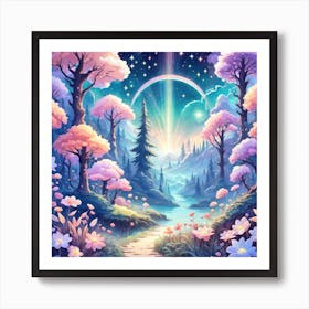 A Fantasy Forest With Twinkling Stars In Pastel Tone Square Composition 295 Art Print