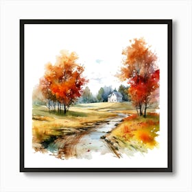 Watercolor Autumn Landscape Painting 1 Art Print