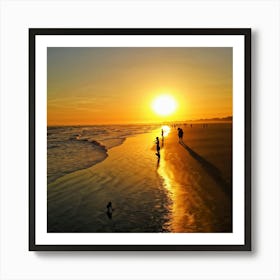 A Serene Sunset Casting A Golden Hue Over A Tranquil Beach Silhouettes Of Relaxed Individuals Strol Affiche