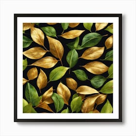 Gold Leaves On Black Background Art Print